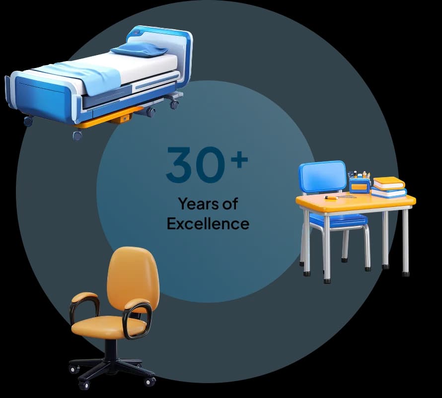 Illustration of furniture pieces: bed, desk, chair and 30+ years badge