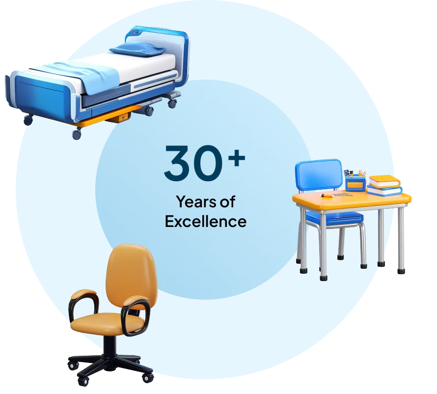 Illustration of furniture pieces: bed, desk, chair and 30+ years badge