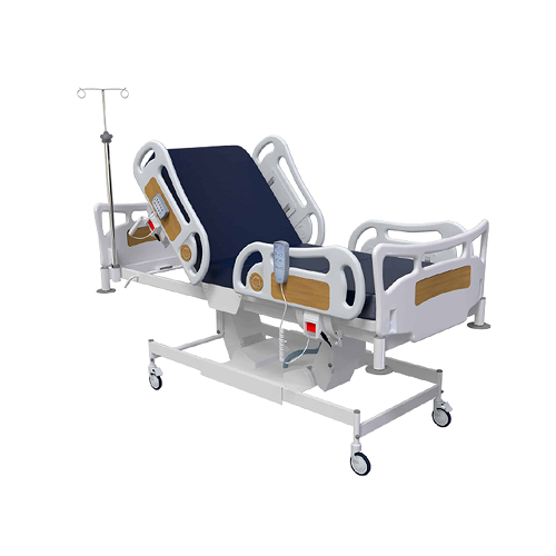 Adjustable hospital bed with side rails, wheels, IV stand, and electronic control panel.