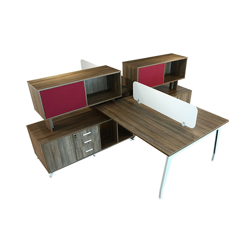 A Wooden office workstation with dual Desks , storage cabinets and divider screens.