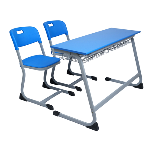 School Desk with two attached chair and storage rack under the Desk.