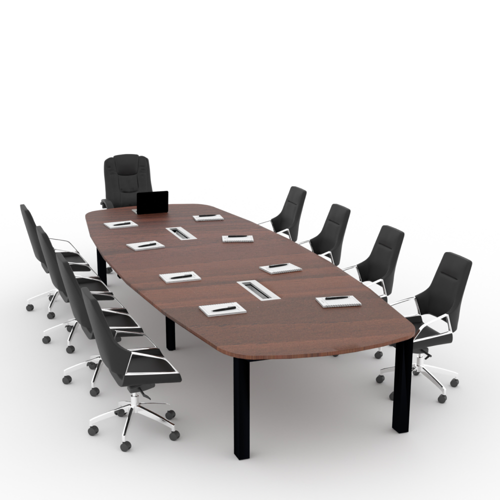 Executive office table setup with multiple chairs, representing a professional conference room.