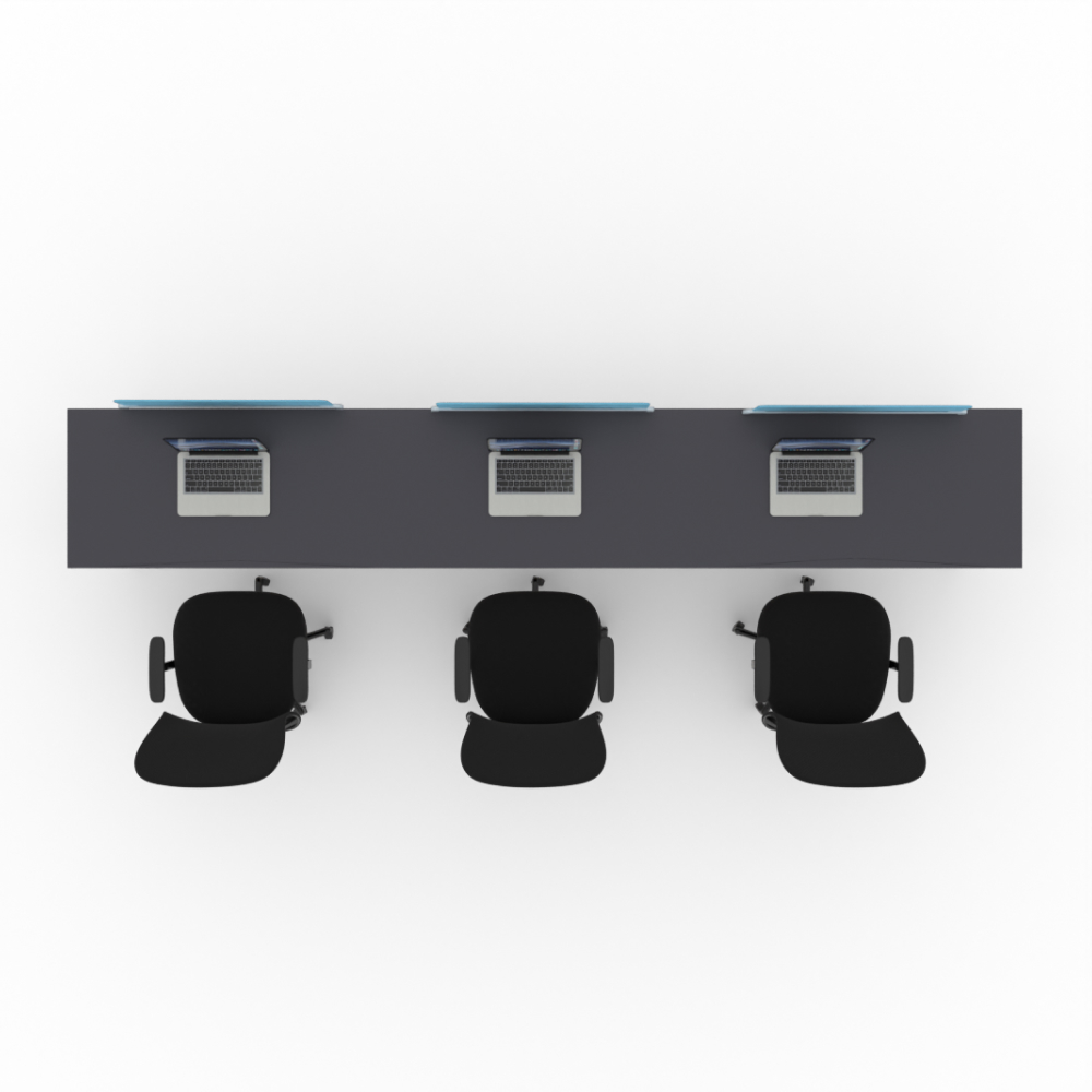 Office furniture setup a long shared desk with three laptops